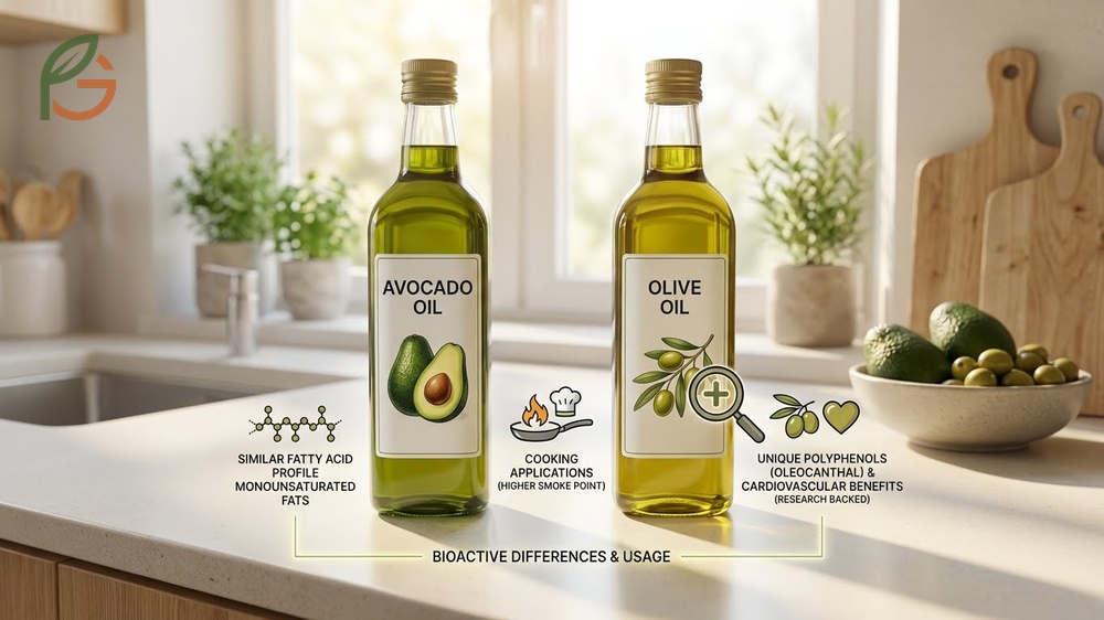 Avocado oil vs olive oil infographic comparing smoke points of 270 degrees Celsius and nutrient profiles.
