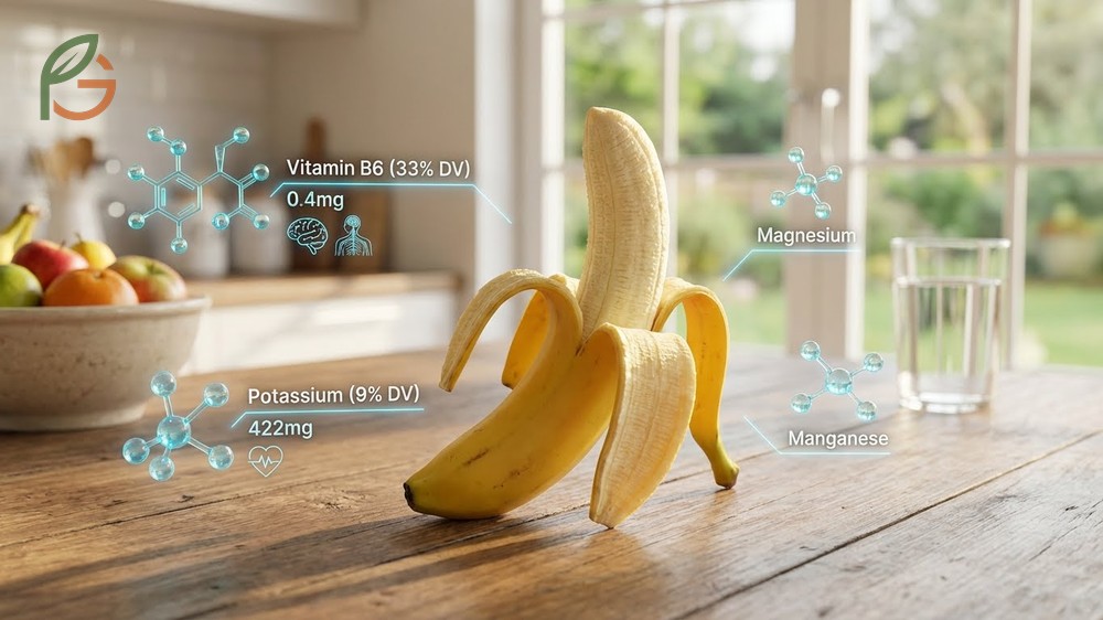 Banana vitamins and minerals breakdown featuring 422mg potassium and 33 percent daily vitamin B6 needs.