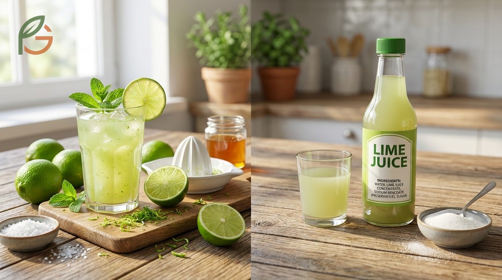Bottled lime juice vs fresh comparison shows fresh juice has superior flavor while bottled versions contain preservatives.