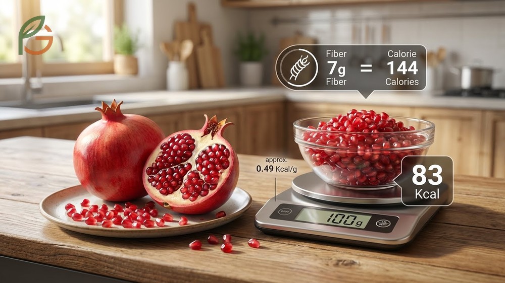 Calories in pomegranate seeds per serving analysis comparing the 83 calorie density to other common fruits.
