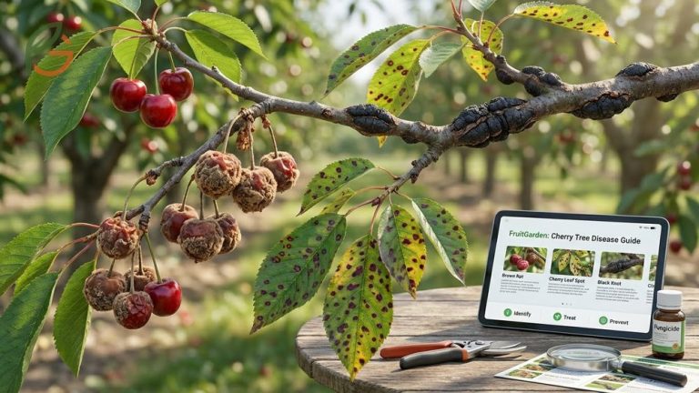 Cherry tree diseases guide covering fungal infections, bacterial cankers, and pest infestations that affect crop yields.
