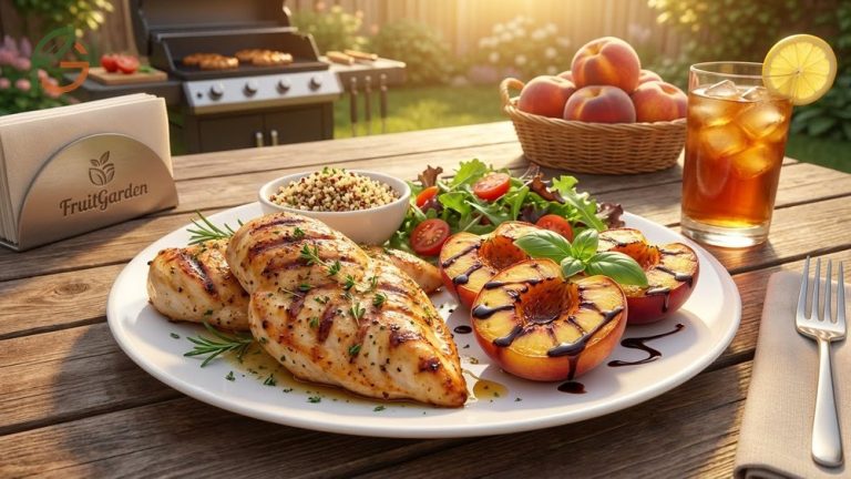 Chicken with grilled peaches dish plated with balsamic glaze and fresh herbs for a quick summer meal.