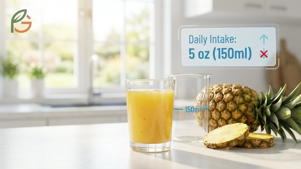 Daily pineapple juice intake recommendations suggest limiting consumption to five ounces to minimize sugar risks.