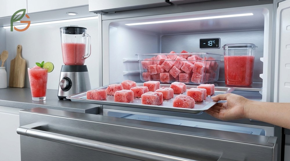 Freezing watermelon chunks extends shelf life to 12 months when using flash freezing to prevent ice crystals from forming.