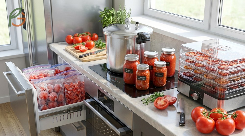 Extending tomato shelf life by freezing whole washed fruits on baking sheets for use in soups and sauces later.