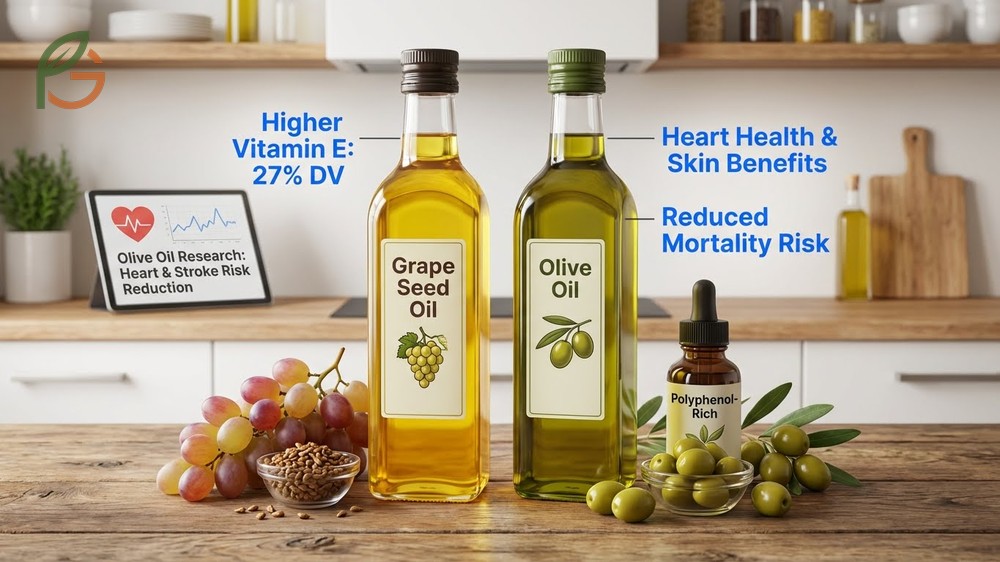 Comparison of grape seed oil vs olive oil bottles showing differences in fat composition and smoke point.