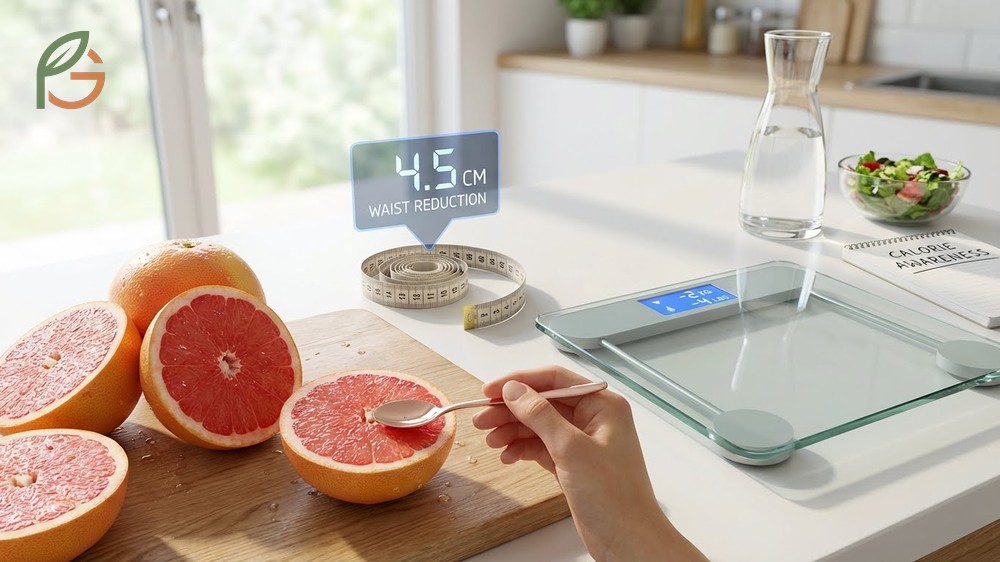 Grapefruit diet results demonstrate a sustainable 7.1% body weight reduction and 4.5 cm waist decrease over a 12-week period.