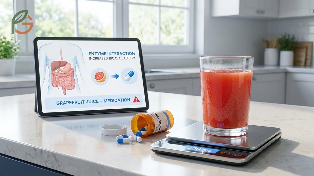 Grapefruit juice and medications interaction showing increased bioavailability when consuming just 200mL of juice.