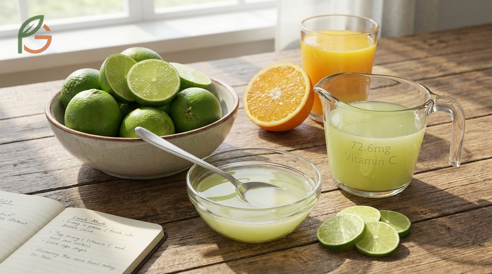 How much vitamin c in a lime breakdown indicating 10 percent daily value in two tablespoons of juice.