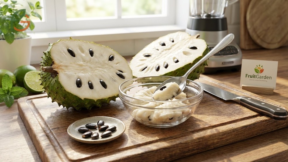 How to cut soursop guide demonstrating the lengthwise cut method to remove seeds and extract 21mg vitamin C flesh.