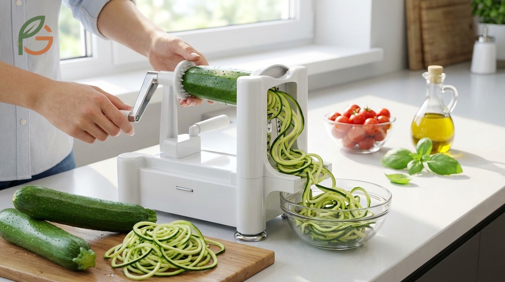 How to make zucchini noodles using a countertop spiralizer with 7 to 9 inch straight vegetables for consistent spirals.