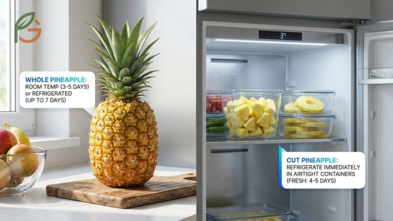 Guide on how to store fresh pineapple showing that whole fruit lasts 3 to 5 days at room temperature.
