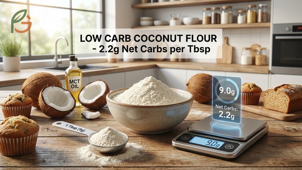 Low carb flour options showing coconut flour with 2g net carbs per tablespoon suitable for ketogenic diet plans.