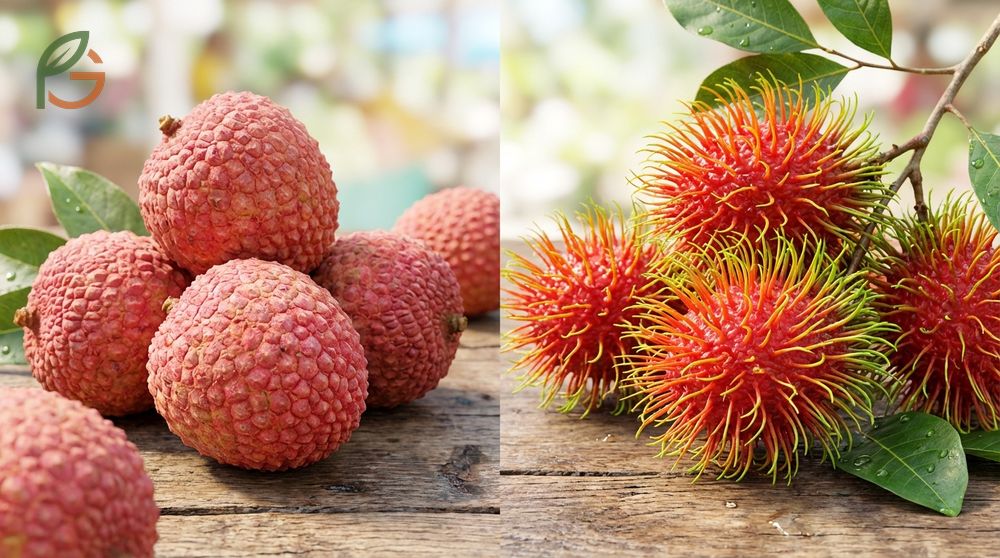 Lychee vs rambutan visual comparison showing the bumpy red skin of lychee next to the hairy exterior of rambutan.