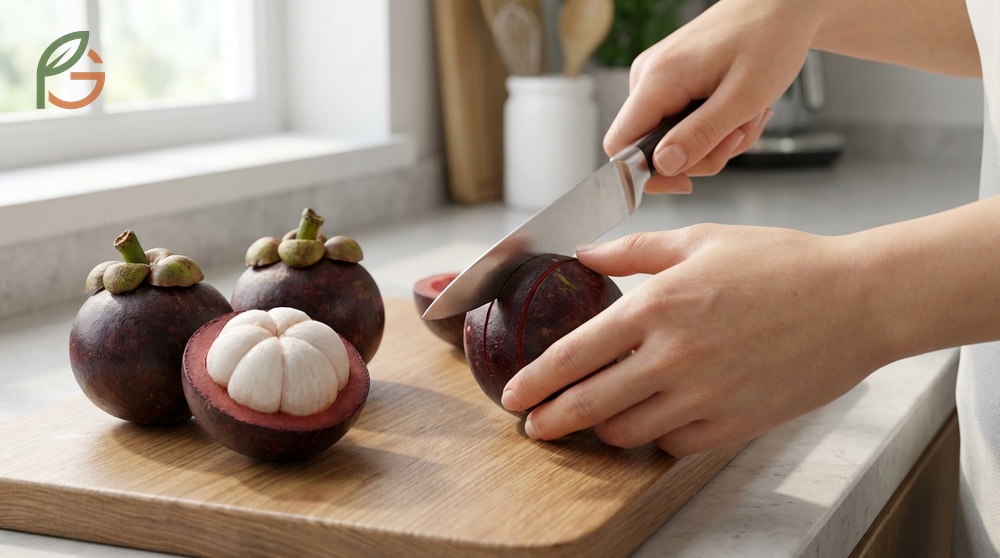 Mangosteen cutting technique details involve rotating the fruit against a stationary serrated knife blade.