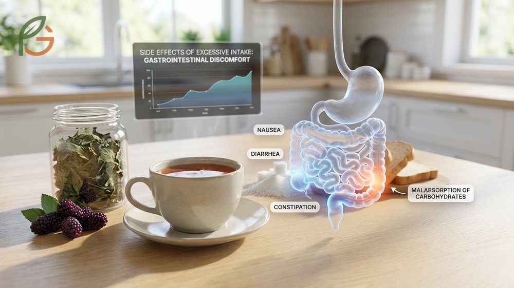 Mulberry tea side effects including potential gastrointestinal discomfort and hypoglycemia risks for people taking diabetes medications or blood pressure drugs.