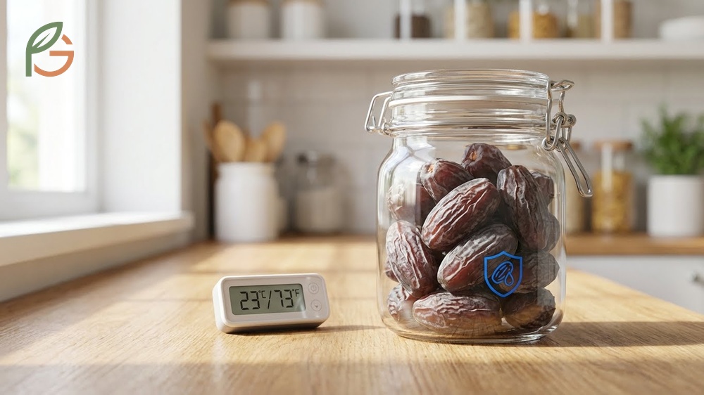 Natural date coating and proper storage at 0 to 5 degrees Celsius to prevent sugar bloom for months.