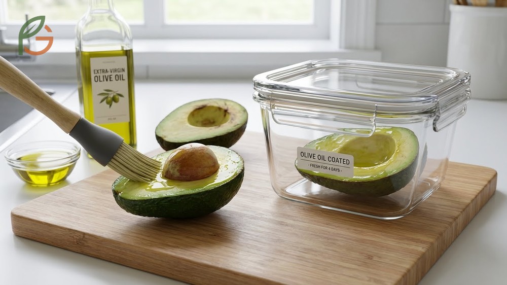 Applying the olive oil coating hack to create an oxygen barrier on cut avocados.