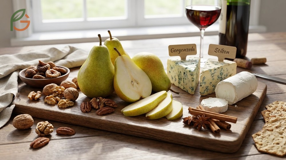 Pear flavor pairings highlighting combinations with blue cheese and warm spices like cinnamon for sweet and savory dishes.