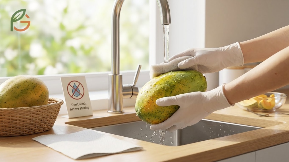 Prepare pawpaw fruit by rinsing gently under cool water and handling carefully to avoid bruising the delicate skin.