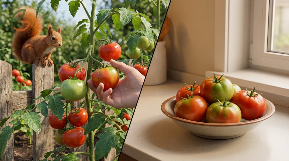 Protecting ripe tomatoes by harvesting at the first blush of color to prevent squirrel damage on the vine.