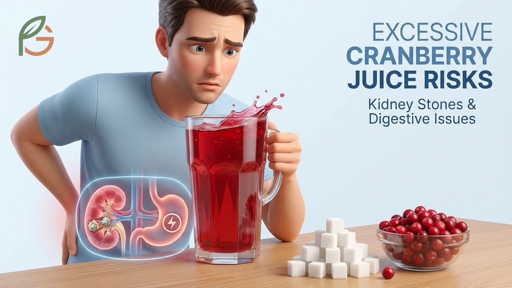 Risks of drinking too much cranberry juice including potential kidney stones and digestive issues from high sugar intake.