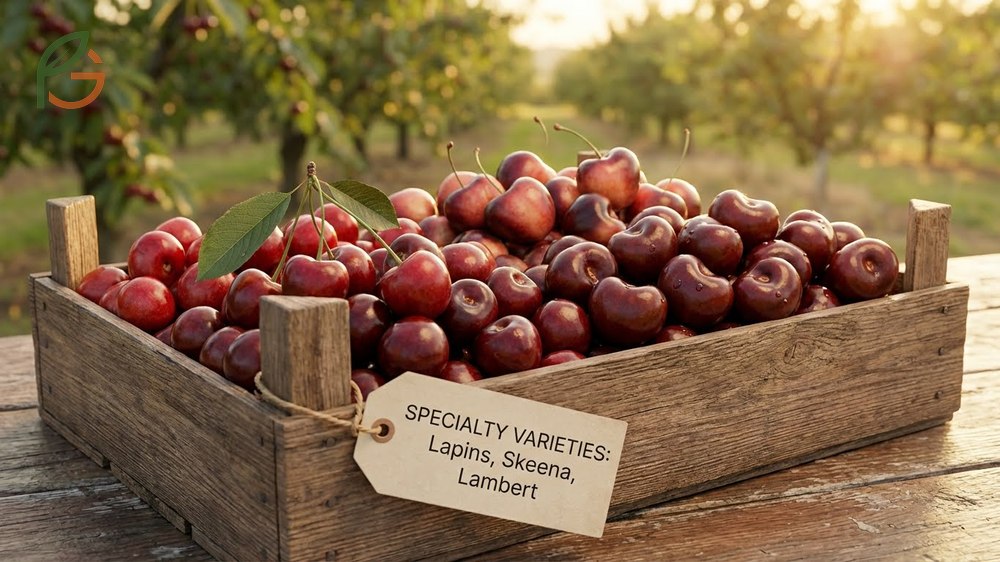 Specialty cherry varieties including self-fertile Lapins and firm Skeena types grown for specific market demands.