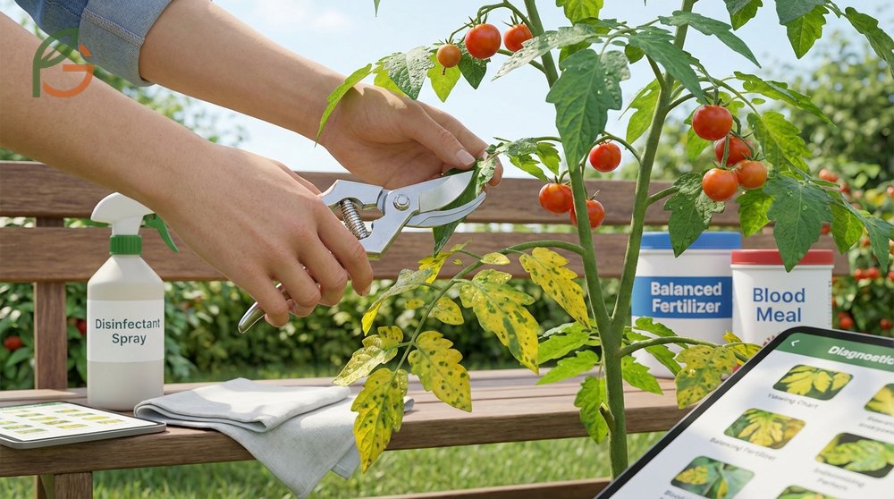 Treating yellow leaves on tomatoes requires removing damaged foliage and applying specific nutrient solutions.