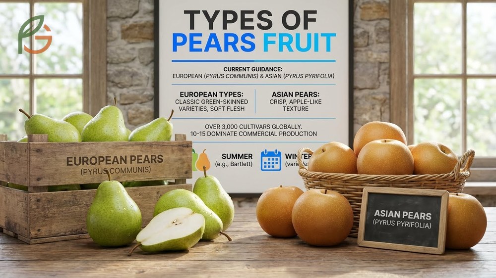 Types of pears fruit classified into European and Asian categories with distinct harvesting patterns.