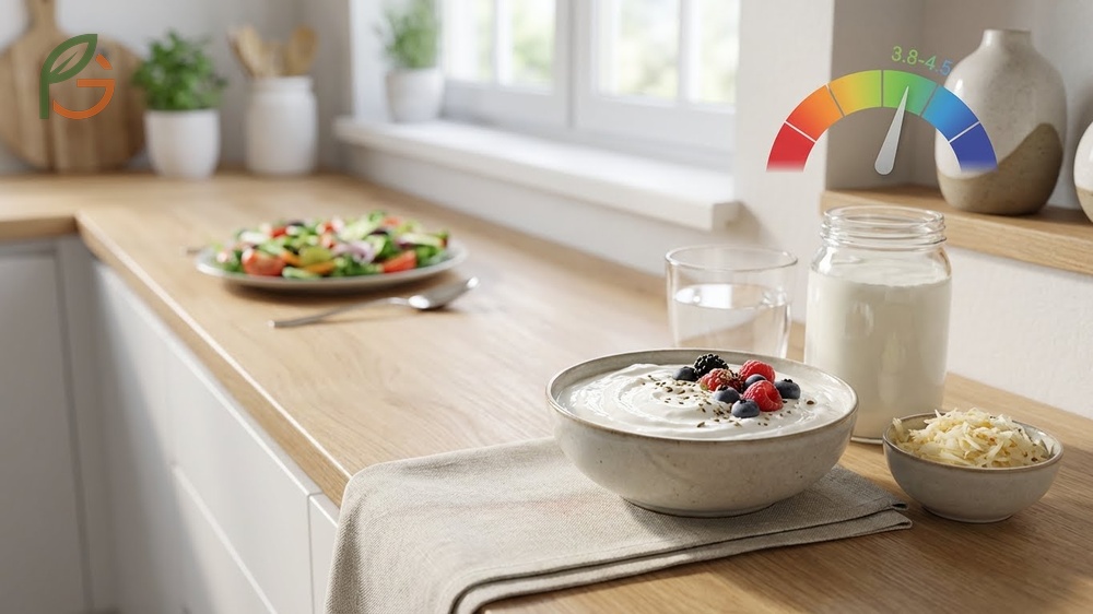 A vaginal pH balance diet includes yogurt and fermented foods to support beneficial Lactobacillus bacteria growth.