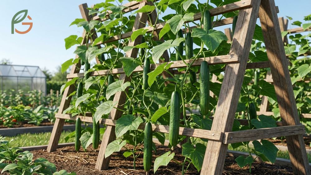 Vining cucumber varieties like Marketmore and Lemon trained to grow upward on garden structures.