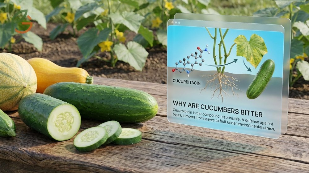 Why are cucumbers bitter due to cucurbitacin defense compounds triggered by heat and inconsistent watering.