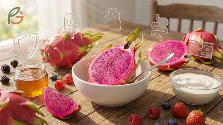 Benefits of dragon fruit displayed with vibrant skin containing antioxidants and vitamins for health.