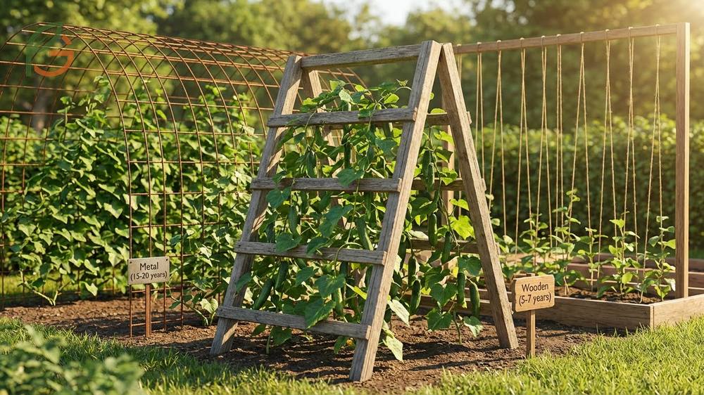 A durable cattle panel archway trellis providing strong support for heavy cucumber vines.