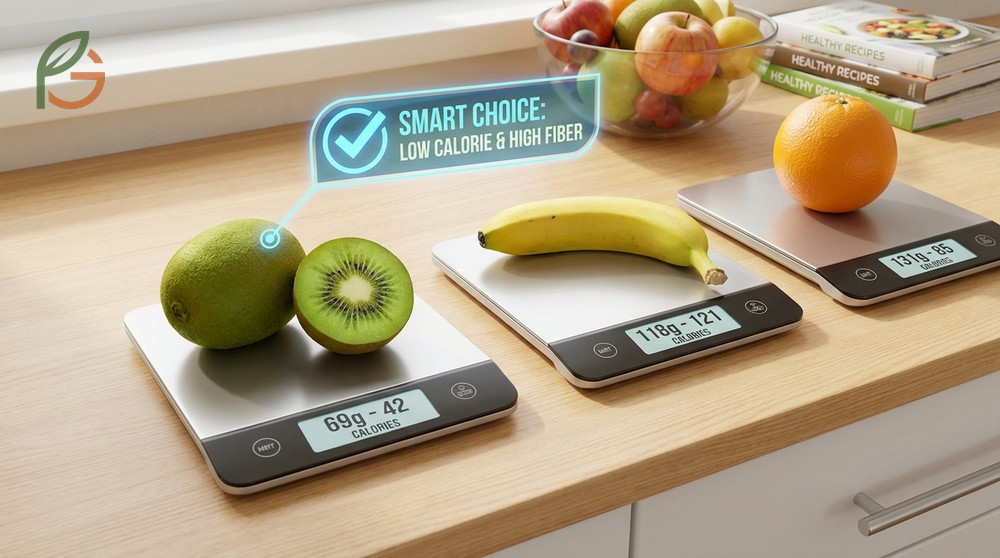 How many calories in a kiwi breakdown showing 42 calories for a medium green fruit with high fiber.