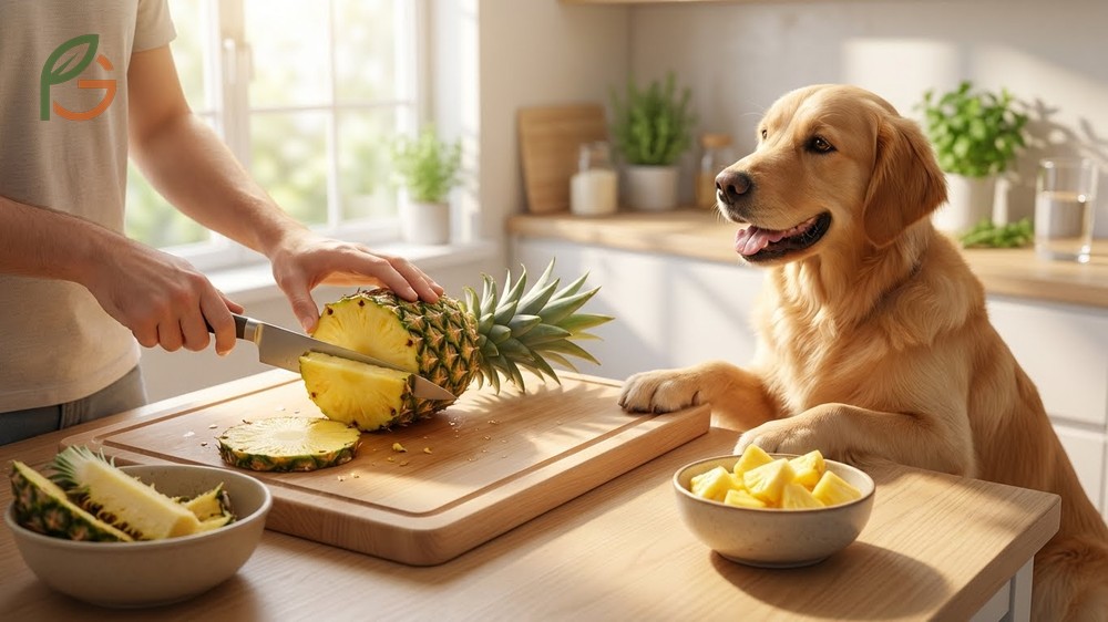 Can dogs eat pineapple preparation showing bite-sized fresh pieces with 86 percent water content for hydration.
