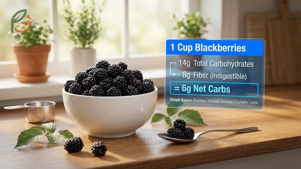 How many carbs in blackberries showing 14 grams total with 6 grams net carbs due to high fiber content.