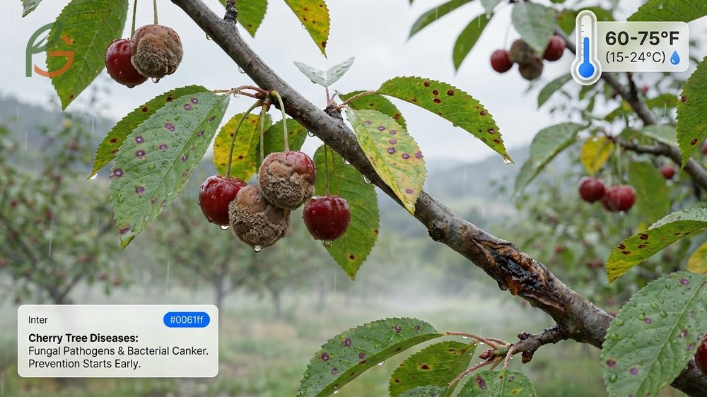 Cherry tree diseases like brown rot and leaf spot thrive in wet spring conditions between 60-75 degrees Fahrenheit.