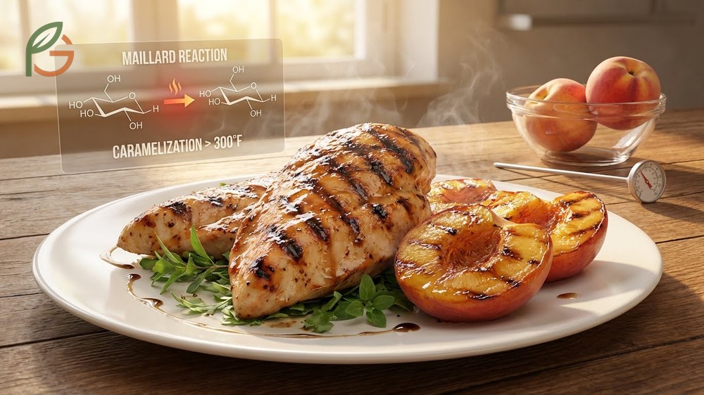 Chicken with grilled peaches preparation showing fresh freestone peaches selected for optimal grilling texture.