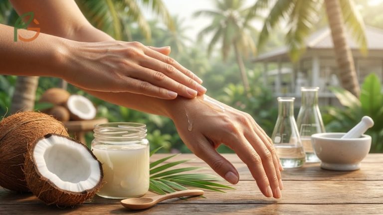 Coconut oil benefits for skin guide showing 149 percent hydration improvement and eczema reduction after four weeks of use.