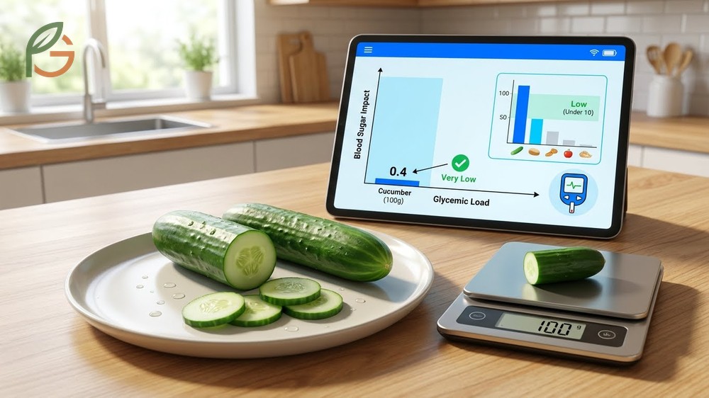 Cucumber glycemic load is approximately 0.4 per 100g serving making it safe for blood sugar stability.