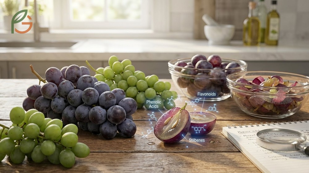 Grape skin benefits showing nutritional properties with 328 times more antioxidants than pulp for better health.
