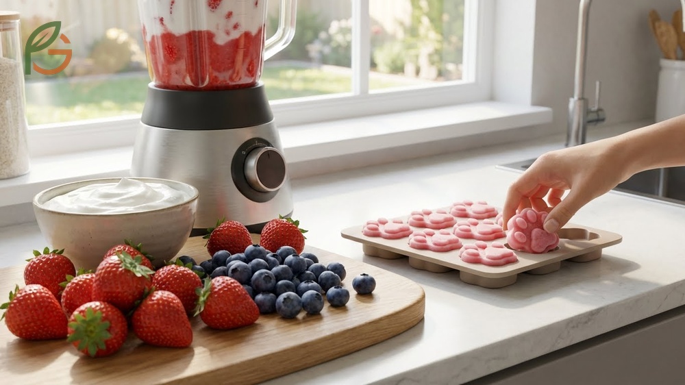 Cat treats homemade using plain greek yogurt and fresh strawberries frozen in silicone molds.