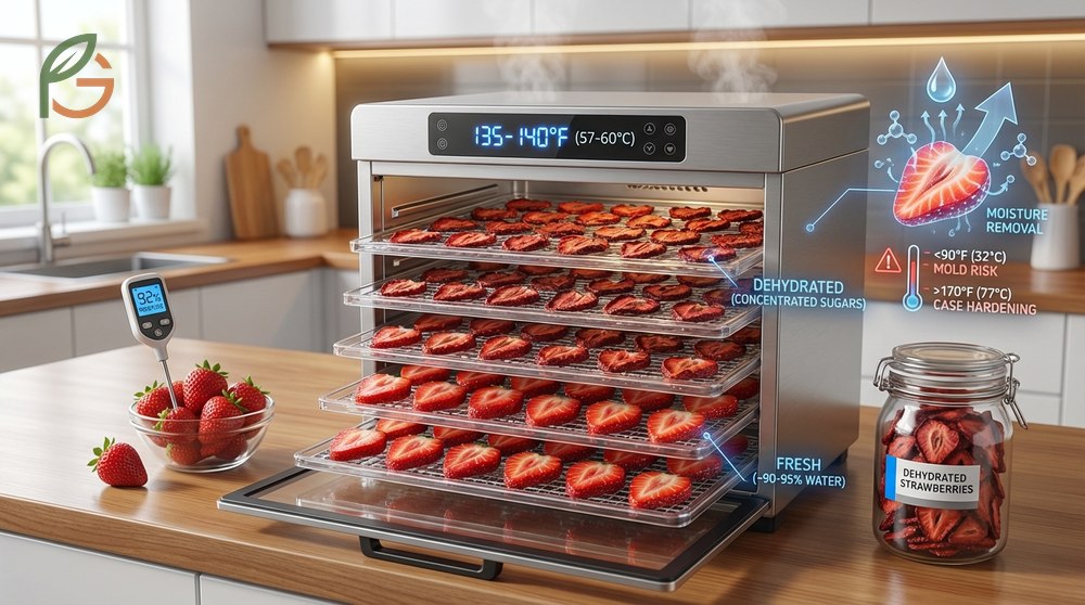 How to dehydrate strawberries by slicing them thinly and maintaining consistent airflow during drying.