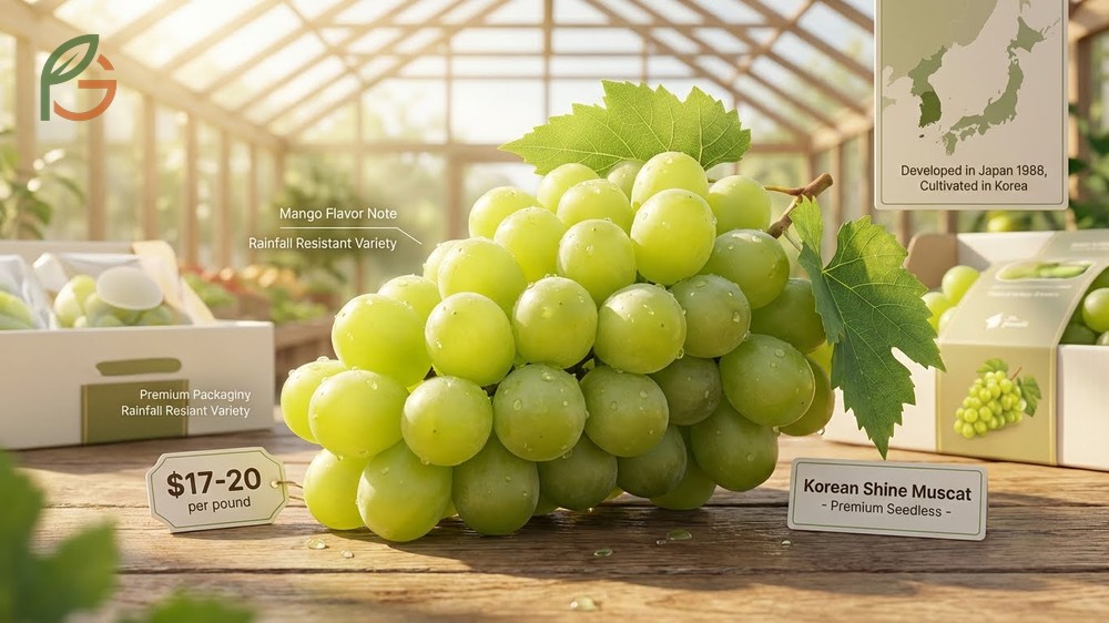 Large bunches of Korean shine muscat grapes growing on vines showing the result of cross breeding for resilience.