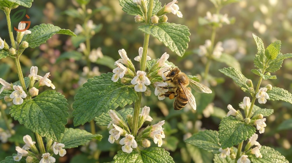 Lemon balm plant flowers are small white blooms measuring half an inch that attract bees and pollinators.