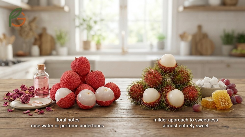 Lychee vs rambutan taste difference focusing on the floral acidity of lychee versus the creamy mild sweetness of rambutan.