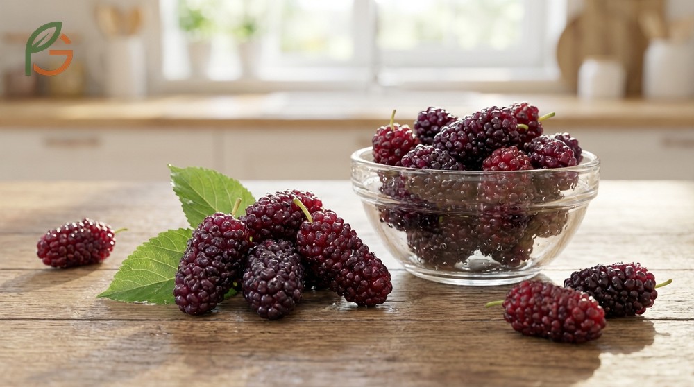 Mulberry nutrition facts show only 43 calories per 100g serving with 88% water content for a refreshing healthy snack.