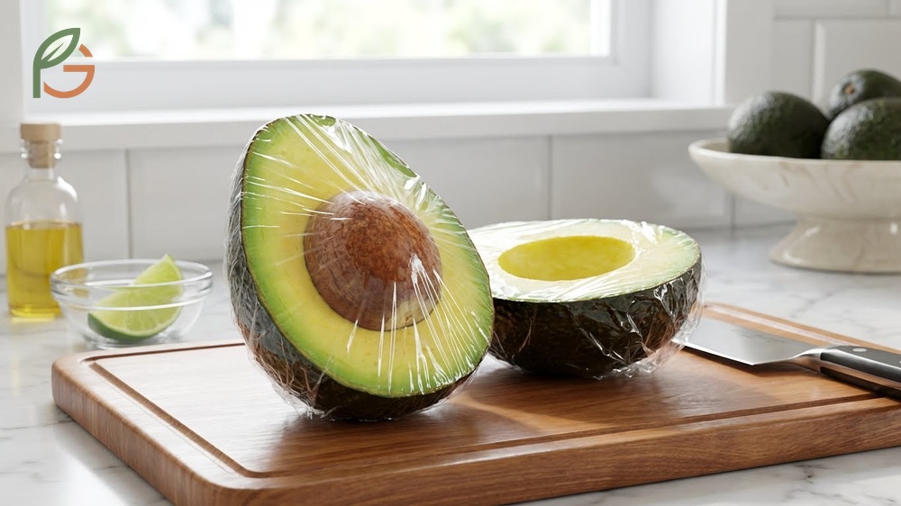 Demonstration of plastic wrap and pit retention techniques to minimize air exposure for cut avocados.