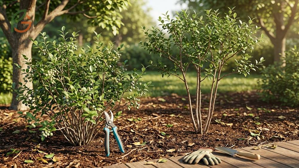 Pruning blueberries into tree form by selecting 3 to 5 main canes and removing lower growth for a structured look.